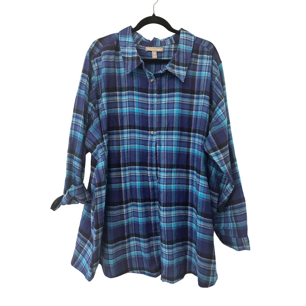 Woman Within Blue Plaid Flannel Shirt 2X Cotton Long Sleeve Top Western Fall
